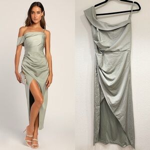 NWOT Lulus Showing Off a Little Sage Green Asymmetrical Tulip Midi Dress
